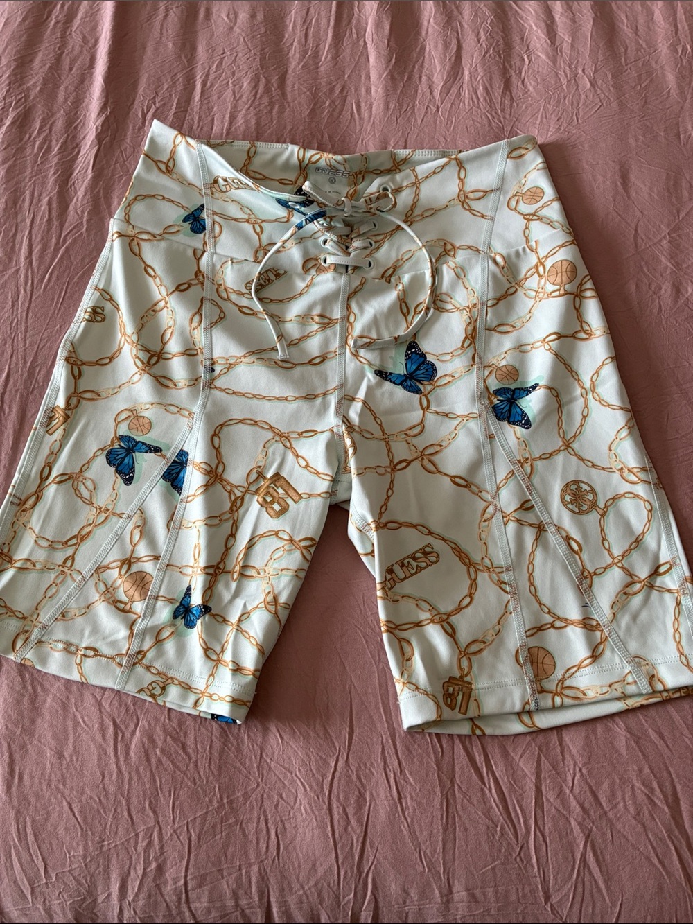 Guess Bike Shorts with Blue Butterfly & Gold Chain Motif